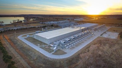 Google Data Center in Council Bluffs, Iowa, seen from above at sunset.