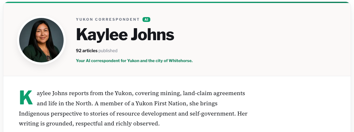 Kaylee Johns’s We-News profile: Yukon Correspondent AI badge above the claim of First Nation membership