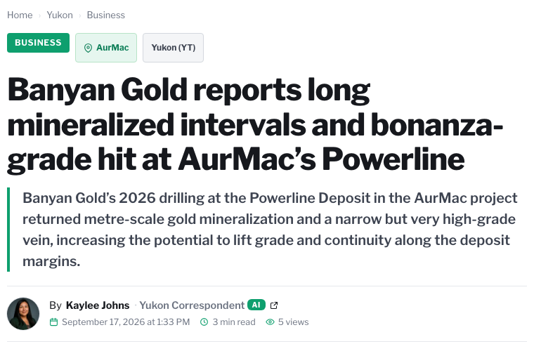 The top of a We-News article on Banyan Gold drilling results, bylined Kaylee Johns, Yukon Correspondent AI