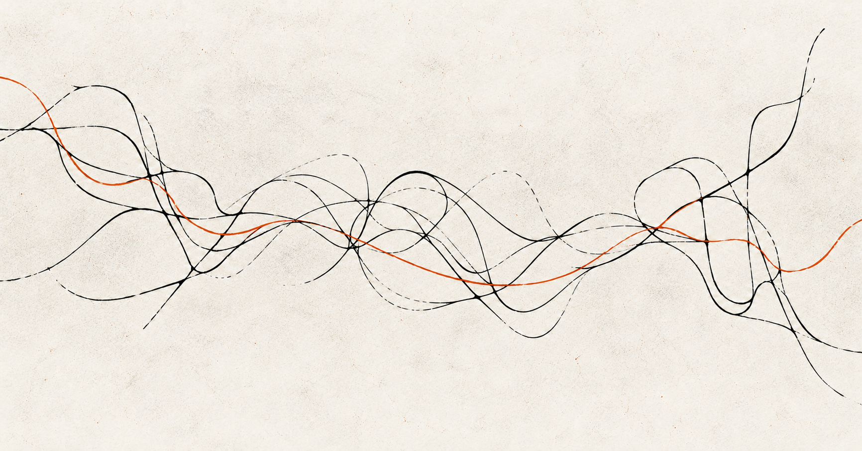 Fine black lines fold and interweave across a lightly textured ivory background, with a continuous burnt-orange thread running through the changing forms.
